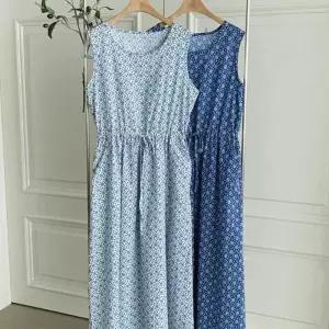 [다잇템]여자 롱 면원단 슬리브리스 벨티드 패턴 원피스 (37675563A)