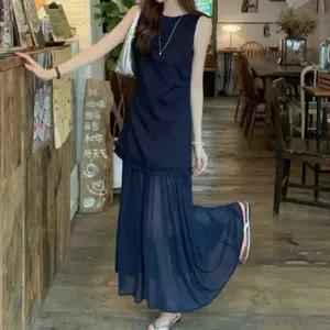 민소매 롱 원피스 쉬폰 프릴 레이어드 여름 휴가룩