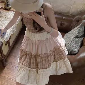 여성 끈나시 셔링 체크 프릴 원피스 믹스매치 드레스
