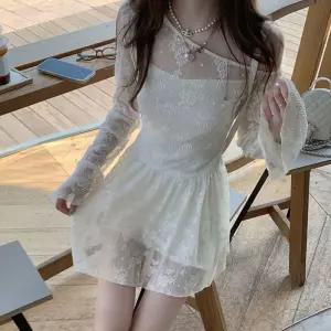 끈나시 원피스 긴팔 시스루 레이스 원피스 세트 이너 원피스 플레어 디자인 커프스 소매 원피스