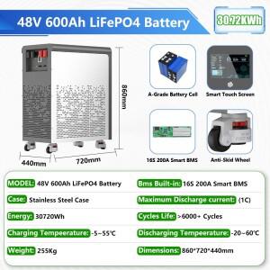 48V 600Ah LiFePO4 배터리 팩 30Kwh 바퀴 포함 51.2V 리튬 6000+ 사이클 블루투스 CAN RS485 BMS EU 재고