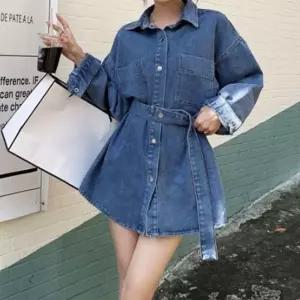 세련된 데님 셔츠원피스 카라드레스 벨트 청 원피스