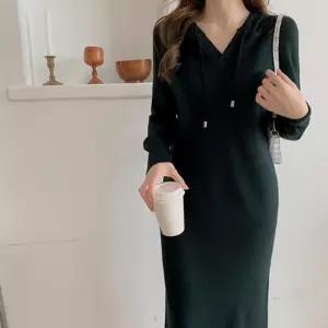 롱 원피스 여성 니트 겨울 후드 데일리 스트라이프