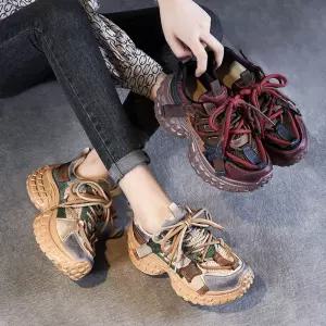 EAMT 여자 새 배색 슈즈 돼지 가죽 타이어 두리안 인기 스니커즈 통굽 키높이 러닝화 리얼 YJ5