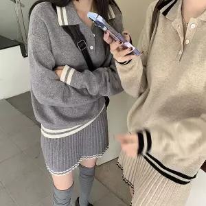 배색 카라 니트 스커트 투피스 세트 MFNC-040135