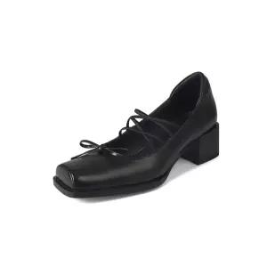 EAMT 여성 가을 플랫 큐티한 리본 통굽 크로스 스트랩 소가죽 콤비 구두 YJ3