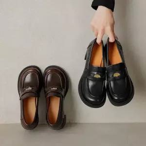 EAMT 가을 빈티지 여성용 구두 소가죽 슬림핏 플랫 로퍼 둥근코 안감 통굽 YJ3