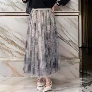 [다잇템]여자 고무줄 코디 시폰 비침 격자 롱스커트 (31622827A)