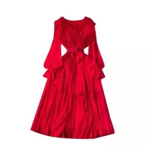 무천도사 원피스 스커트 롱 여성 여사친 레이스 봄가을 스위트 셔링 버튼 슬림 쉬폰 바캉스 KKE1