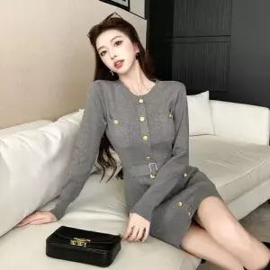 여친 니트 원피스 치마 가을 정장 벨트 긴팔 라운드 힙업 CH3