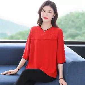 아이언하트 니트 여친 여성용 봄여름 빅사이즈 쿨링 칠부 셔츠 티 중년 루즈핏 상의 롱루즈핏 KKE1