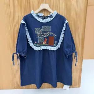 아이언하트 여성용 데님 캐주얼 티 셔츠 인형 자수 루즈핏 넥 롱루즈핏 5부 KKE1
