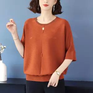 아이언하트 여친 여자 니트 빅사이즈 쿨링 셔츠 라운드넥 반팔 롱루즈핏 티 얇은 봄여름 상의 루즈핏 KKE1