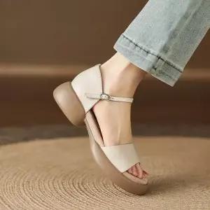 스커트 여자 여름 로마슈즈 가죽 위에 신발 미들힐 일자 리얼 샌들 오픈토 버클 웨지힐 통굽 송편 비치화 K