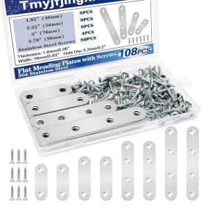 Tmyjfjingxi 108PCS 4사이즈 평평한 금속 브래킷 수리판, 구멍이 있는 목재 스테인리스 스틸 플레이트(46mm / 56mm 76mm 96mm) YY001