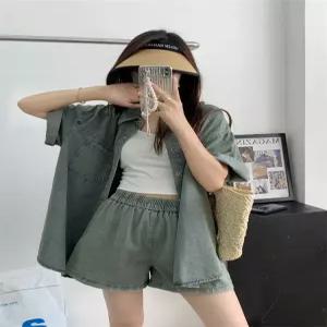 빈티지 여 루즈핏 세트 데님 투피스 셔츠 여름 워싱 반팔