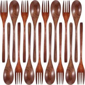 코비 나무 숟가락과 포크로 먹기 8Pcs 저녁 식사 도구 세트 수제 재사용 가능한 주방 식기 요리 캠핑