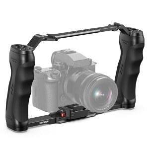 아르카 타입 퀵 릴리스 플레이트, 더블 핸들, 3/8인치 ARRI 1/4인치 스레드, 콜드 슈즈, 범용 카메라 스태빌라이저가 장착된 NEWER 비디오 케이지 리그, 스몰리그 베이스 플레이트와 호환, CA077