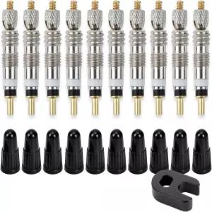 스퀘어1 프레스타 밸브 코어 키트 - 범용 호환 10개 제거 도구 1개 캡 튜브리스 자전거 타이어용