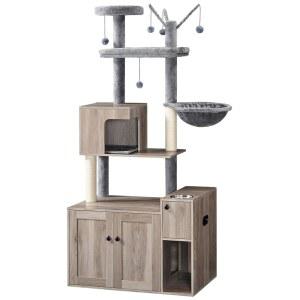 쓰레기통 인클로저가 있는 후브로 고양이 나무, 68.9인치 높이의 타워, 음식 그릇과 보관 공간, 숨겨진 가구, 올인원 모던 콘도, 하우스, 해먹 앤 퍼치, 그레이지 BG80MZ03