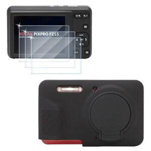 HUADU 스크린 프로텍터(3+1팩)는 코닥 픽스프로 FZ55 디지털 카메라, 템퍼드 유리 필름 긁힘 방지 고화질 및 부드러운 실리콘 케이스(블랙)와 호환됩니다
