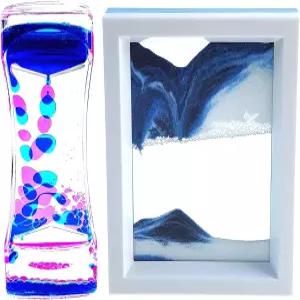 FKYTION 리퀴드 모션 버블러 타이머와 움직이는 모래 아트 사진 2팩 컬러풀한 모래시계 토이 활동 차분하고