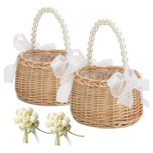 2PCS 위커 라탄 플라워 걸 바구니, 웨딩 손목 코르사지, 진주 손잡이 활 요정 바구니 결혼식 신부 기념 파티 장식용 (N-2)