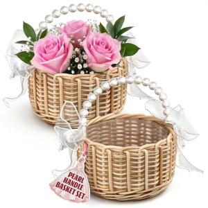 작은 꽃 소녀 바구니 2종 세트 - 결혼식 꽃, 과자, 선물 및 홈 데코를 위한 진주, 활, 방수 안감이 있는 부활절 위커 가볍고 다기능적입니다