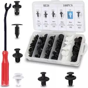 Ajxn 100 PCS 하부 후드 클립 푸시 핀 제거 도구 세트 자동차 범퍼 실드 리테이너 교체 공구 키트 패스너