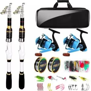 텔레스코픽 낚싯대와 릴 콤보 2PACK 탄소 섬유 여행용 막대 접이식 회전 2개 100m 라인 캐리어 백 및