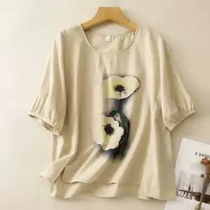 면 여자 빈티지 세수 배색 프린트 마 상의 프린트티 라운드 모시 티셔츠 5부 OP1