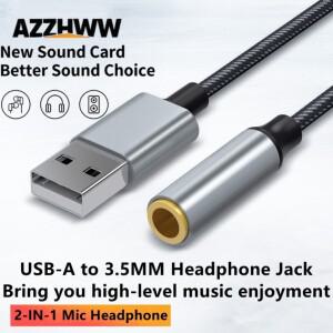 USB-3.5mm 잭 오디오 어댑터 USB 외장 사운드 카드 지원 마이크 헤드폰 DAC 16비트 48kHz 나일론 편조 USB-
