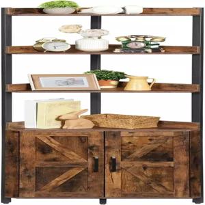 수납장이 있는 후브로 코너 선반 높은 캐비닛 5단 책장 스탠드 보호 울타리가 수납 거실용 러스틱 브라운