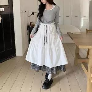 [다잇템] 여자 고무줄 클래식 티어드 흰색 롱스커트_24717791_588872