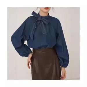 엘럽 여성용 무지데님 셔츠 프렌치 빈티지 차이나 긴팔 데님 봄 퍼프 상의 가을 박템1