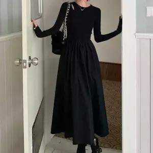 [의류] 페이크 2중 펀칭 A라인 롱 원피스 올블랙 데이트룩