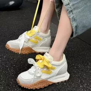 여성 키높이 더블 어글리슈즈 끈있는 레더 운동화