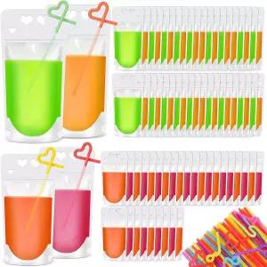 빨대가 있는 200PCS 음료 파우치 스탠드업 주스 생일용 빨대 200개 17온스 및 24온스가 튼튼한 휴대용
