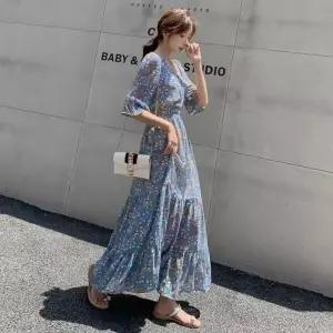 [라일리여성의류] Rly 플라워 러플 5부 롱원피스 허리 밴딩 여름 원피