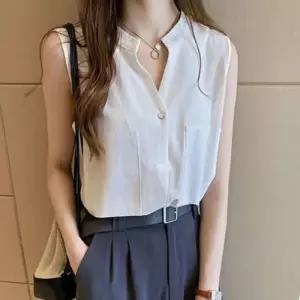 [라일리여성의류] Rly 차이나넥 나시 블라우스 여성 민소매 브이넥 단정