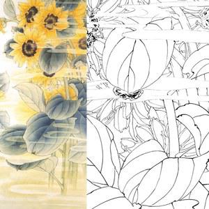 해바라기 그림 도안 동양화 연습 호랑이 액자 드로잉 컬러 4종 화조도 원본 참조도