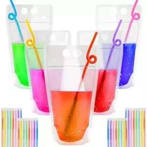빨대가 달린 44개의 음료 파우치 개별 포장 - 17온스 주스 알코올 투명 플라스틱 할로윈 블러드 백 재사용