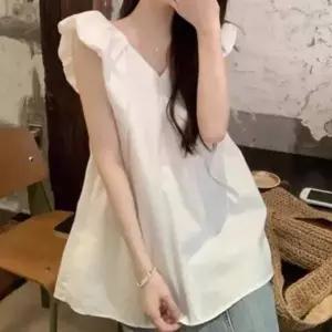 여름 브이넥 나시 블라우스 여성 프릴 루즈핏 민소매 플레어 A라인