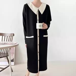 여자 배색 빅카라 버튼 빅사이즈 봄하객룩 롱원피스