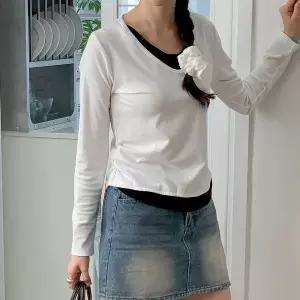 [하프클럽/옷자락]여자 두겹 레이어드 배색 브이넥 무지 옆셔링 티셔츠