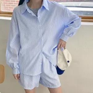 [옷자락] 여자 봄여름 시원한 스트라이프 셔츠 반바지 세트