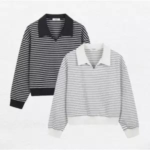 [폴햄]여성 더블니트 슬릿 카라 스트라이프 맨투맨 PHG2TR2030