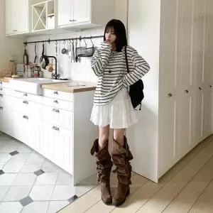 [하프클럽/옷자락]여자 봄가을 루즈핏 스트라이프 카라 긴팔 상의