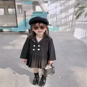 팜므 여아 유아 봄가을 더블 브레스트 주름 원피스