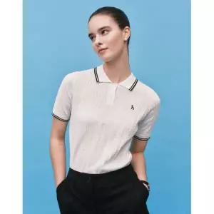 매장정품 HAZZYS 헤지스 LADIES [아이코닉] 리사이클 폴리 혼방 케이블 반팔 카라 풀오버 화이트 HSSW5BC37